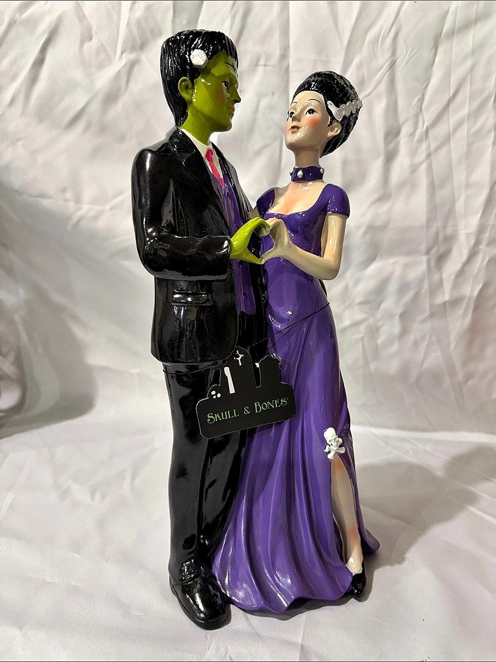 Skull & Bones Gothic Bride and Frankenstein Couple Figurine in Purple & Black